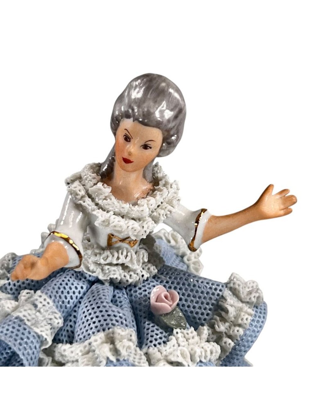 Vtg Dresden Sandizell Porcelain Blue Lace Dress Woman Brown Dog Germany